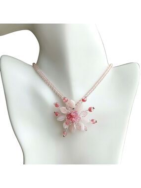 Vintage Czech pink flower necklace fire polished beads